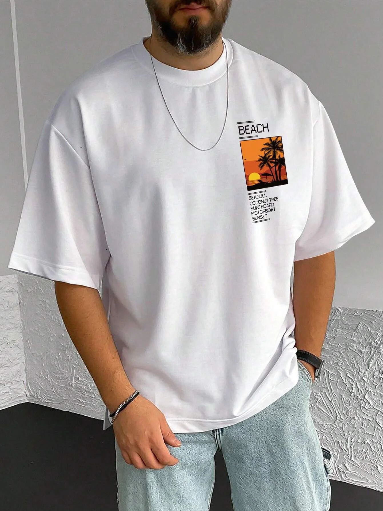 Mens 100% cotton summer loose Coconut Tree Sloan Graphic printed slim fit casual sports round neck short sleeved T-shirt top 250226