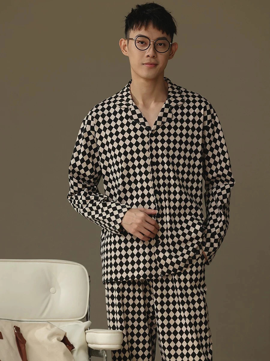Pajamas for Men Spring and Autumn Long-Sleeved Cardigans Home Clothes Can Be Worn Outside Autumn and Winter Thin Large Size Two-Piece Set 250225