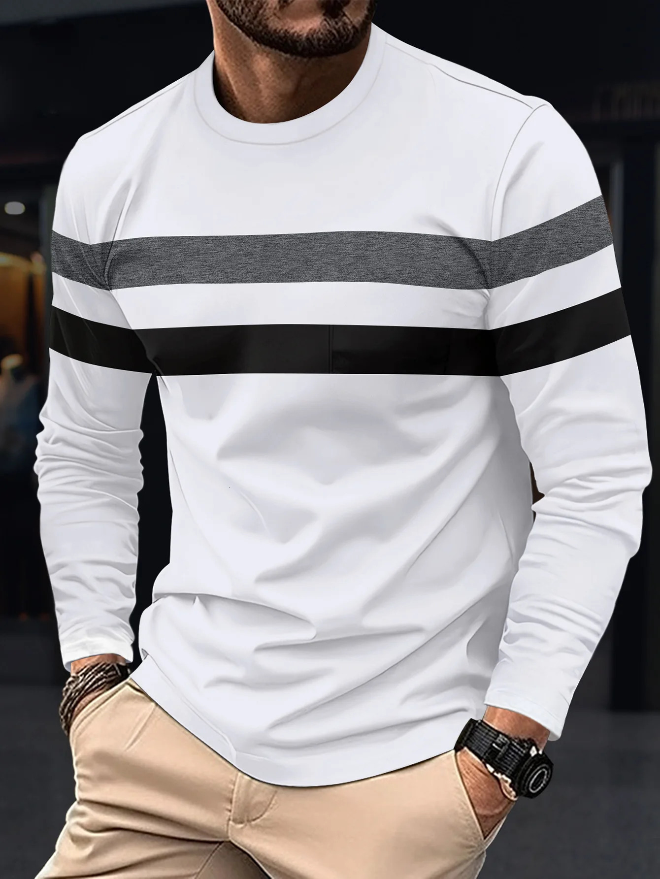 Spring and Autumn Fashion Mens Long Sleeve Round Neck Splicing T-shirt Business Anti Wrinkle Street Wear Casual Top 250226