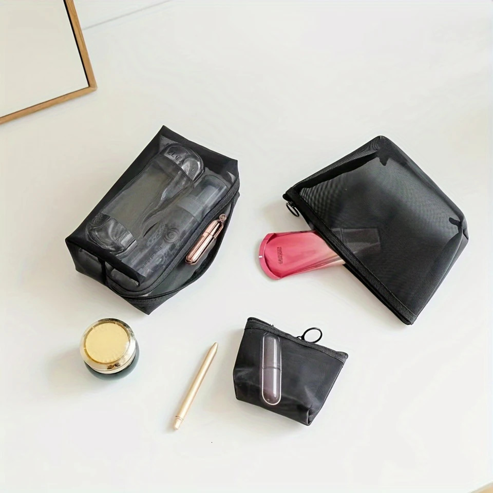 Ship from US 3 pieces highquality nylon mesh makeup bag set Spacious organizer with zipper suitable for both women and mens travel bags 250227FBB