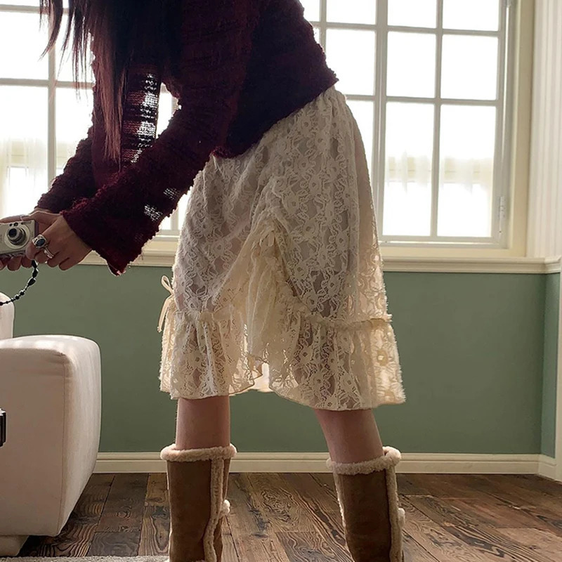 CIBBAR Fairycore Lace Transparent Skirt y2k Vintage Drawstring Bandage Low Rise Midi Skirts Women 2000s Harajuku Ladies Clothing 250226