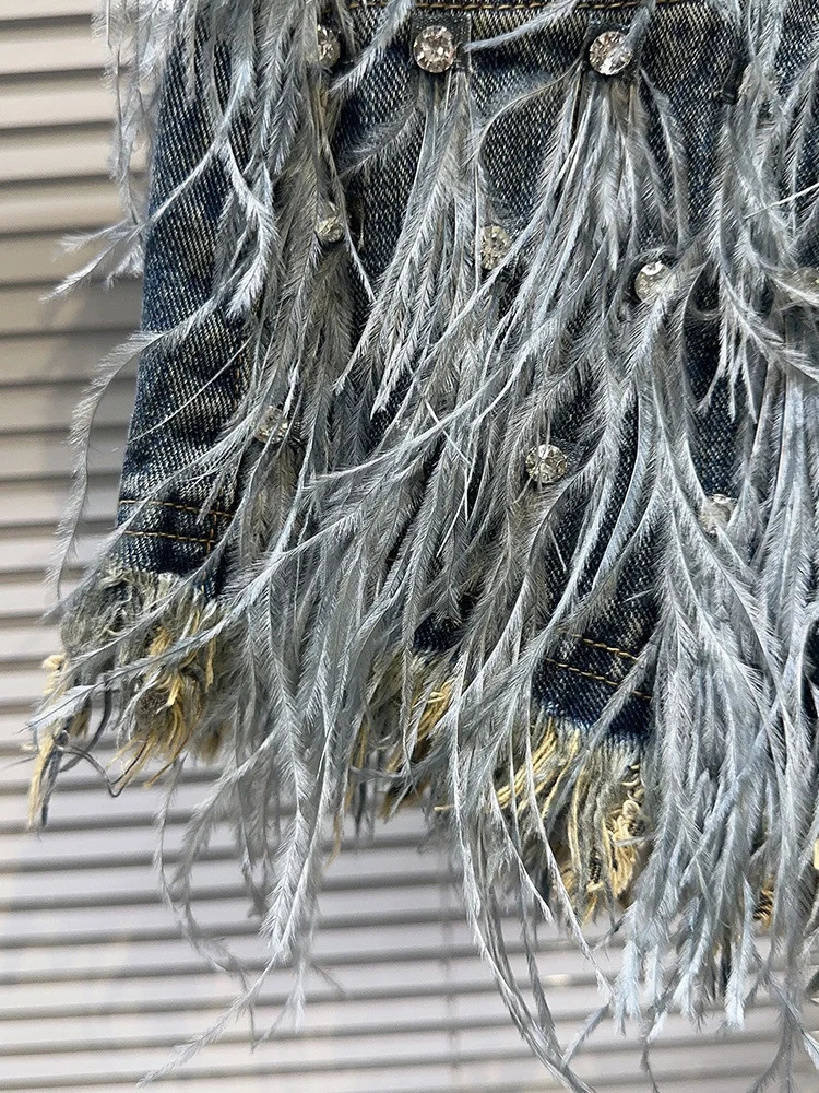 DEAT Womens Denim Shorts High Waist Diamonds Feathers Burrs Edge Wide Leg Super Short Jeans 2025 Spring Fashion 11XX5620 250226