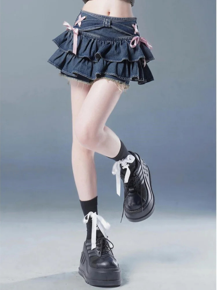 Blue Denim Pleated Skirt Bow Fold n Womens A-line Short Skirt Built in Shorts American Spicy Korean Fashion sweet 250226