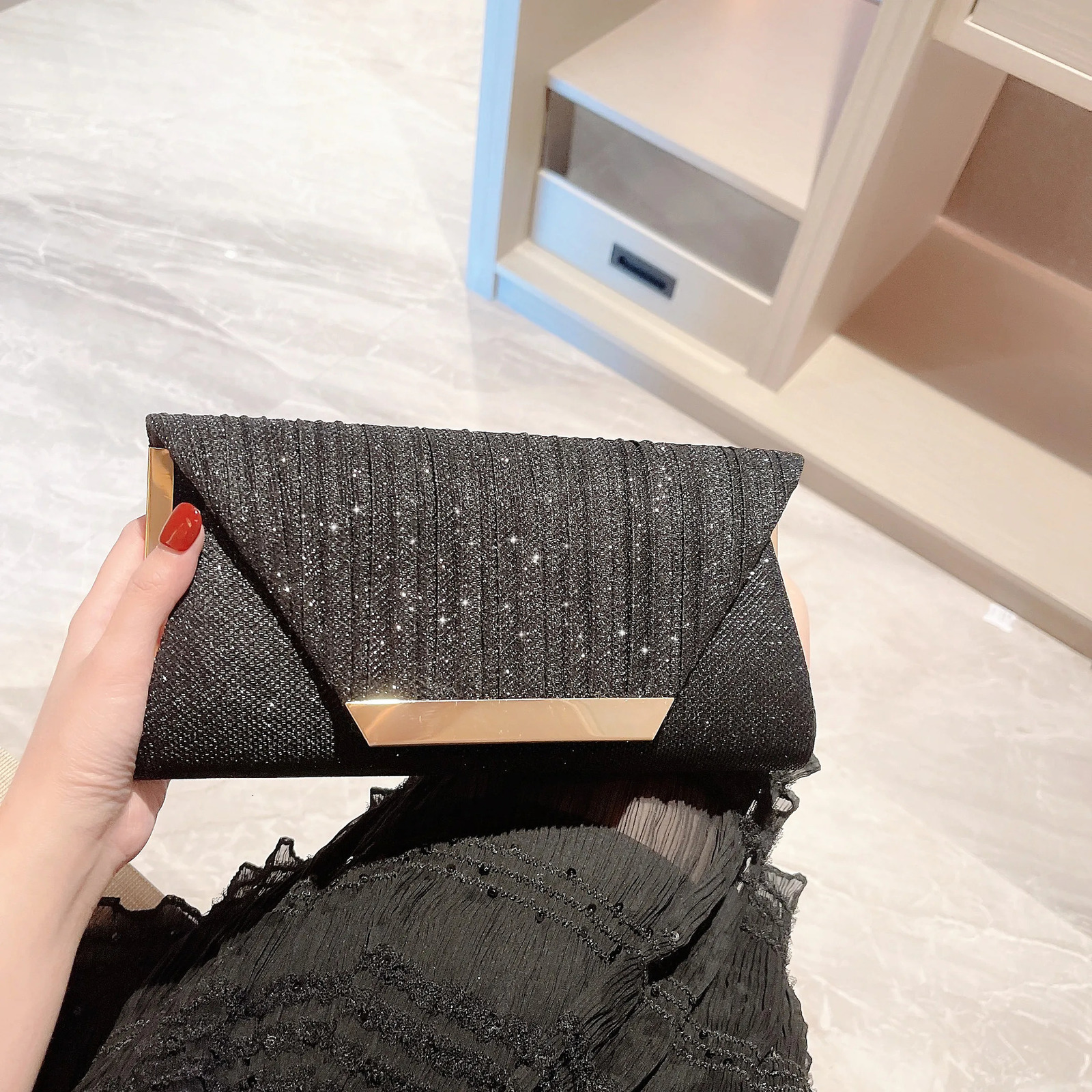 Womens Classic Pleated Flap Evening Bag Sparkling Party Clutch Prom Chain 250226