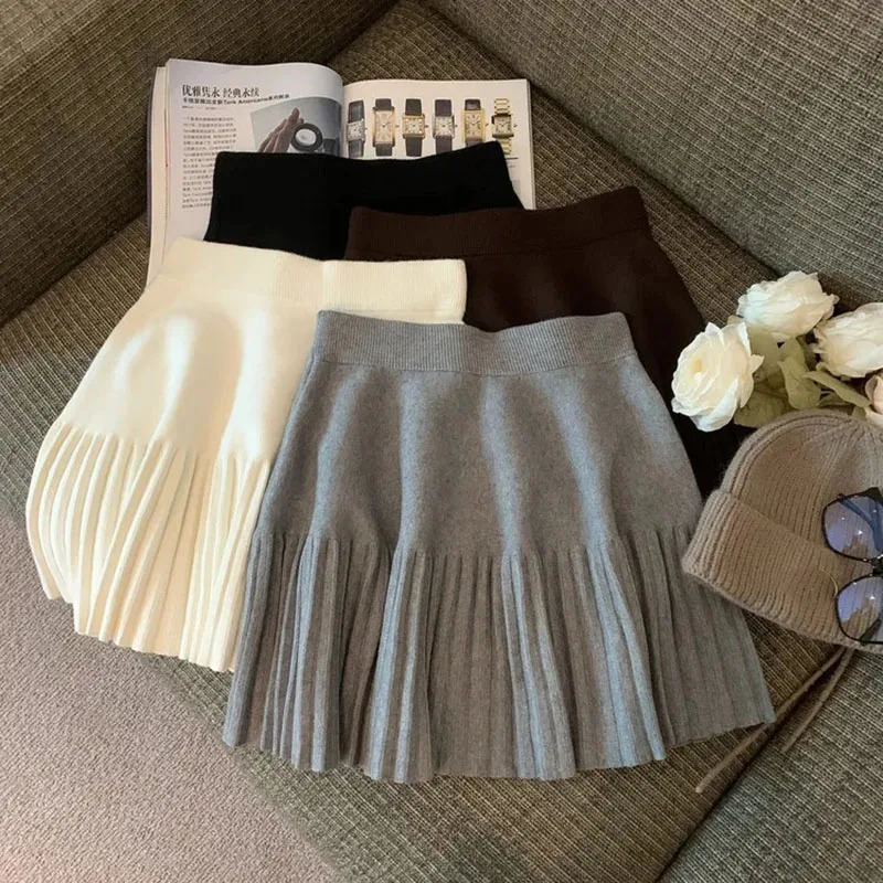Xpqbb Knitted Pleated Skirt Women Fall Winter High-waisted A-line Skirt Female Preppy Style All-match Patchwork Mini Skirts 250224