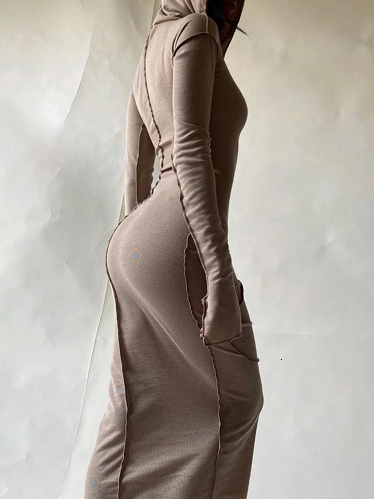 Hugcitar Long Sleeve Hooded Patchwork Skinny Maxi Dress Autumn Winter Women Fashion Streetwear Casual Outfits 250226
