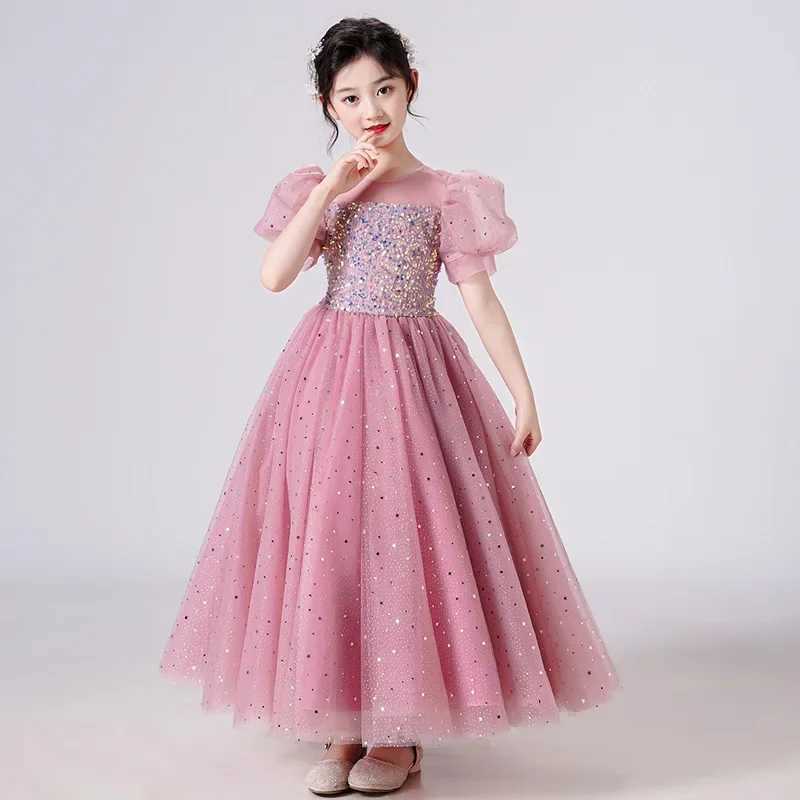 Girl's Dresses Girls Party Dresses Pink White red Longuette Performance Costume Wedding Activity Dress Host Clothing Princess Long Skirt Summer Y