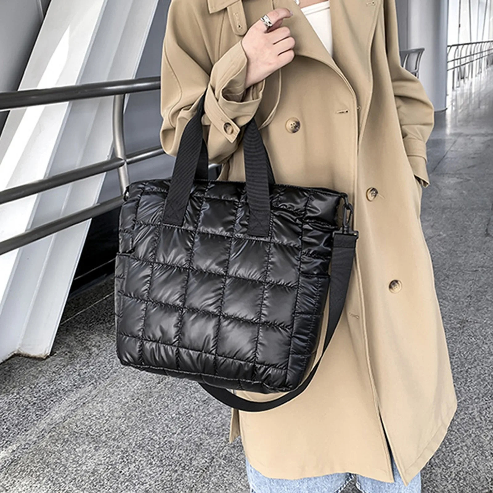 Ship from US Canvas Shoulder Bag Womens Bags Solid Color Plaid Quilted Large Capacity Zipper 250227FBB