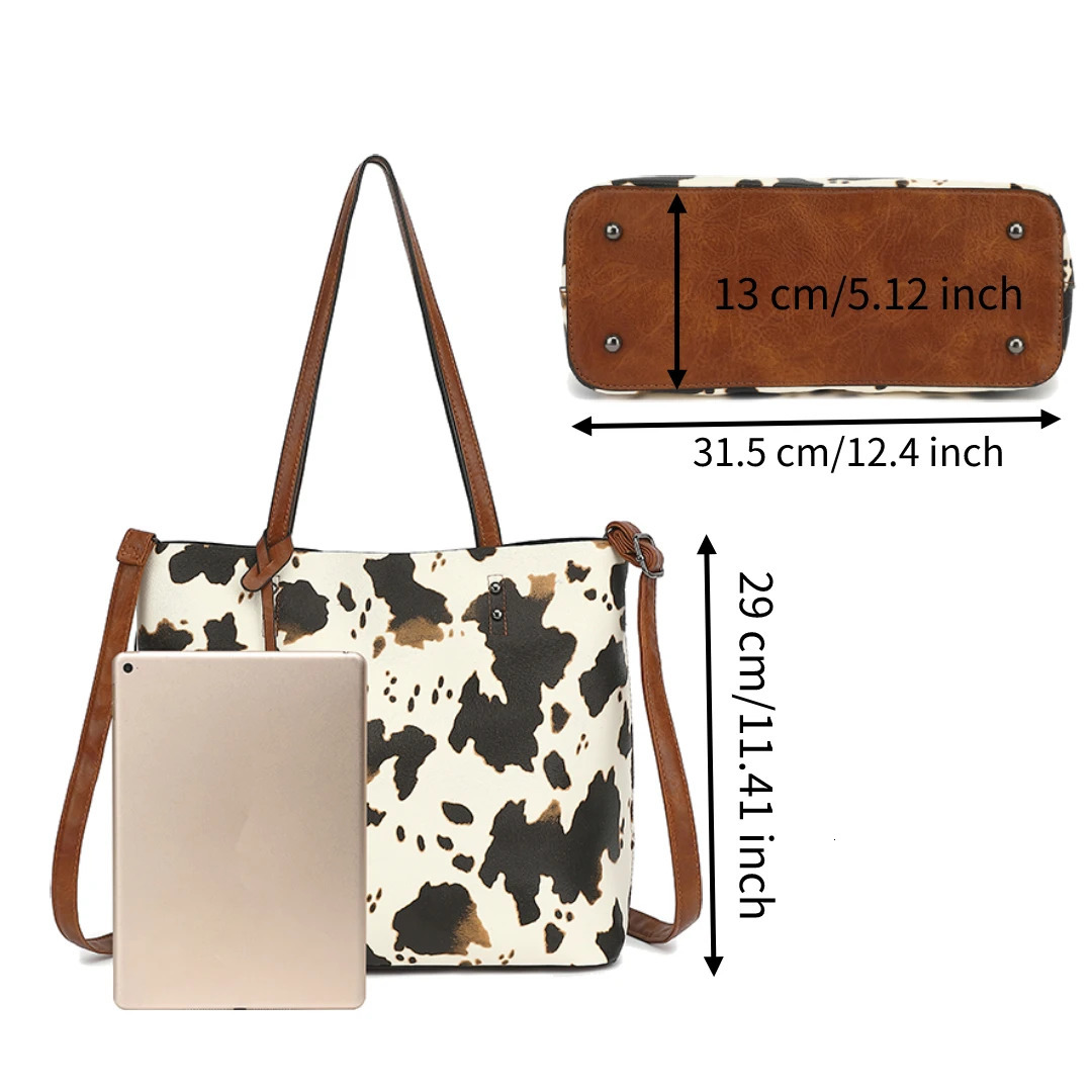 Ship from US Cow Print Tote Bag for Women Western Purse Boho Top Handle Stachel Handbag with Guitar Strap Gift Brown 250227FBB