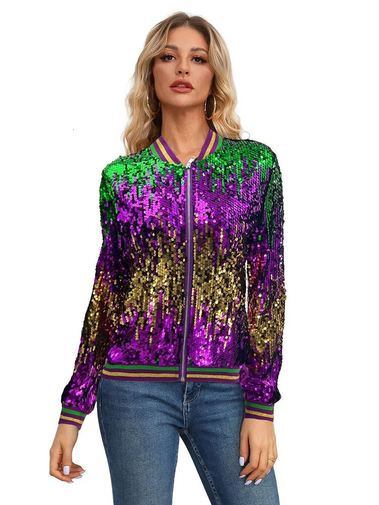 Y2K Streetwear Women Sequin Jackets Long Sleeve Short Coats European Style Female Tops Zipper Splicing Jacket Autumn 250227