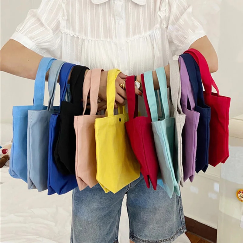 Canvas Bag Simple Women Shoulder Foldable Picnic Pouch Small Tote Black Shopper Large Capacity Student Lunch Box Solid Color 250221