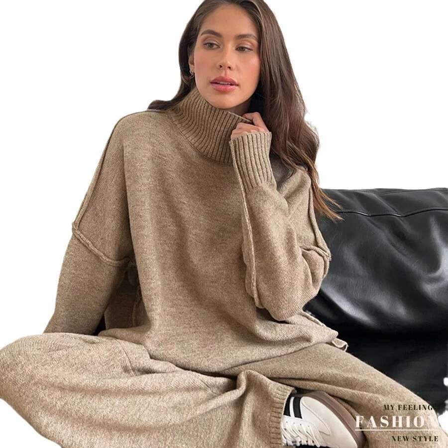 2025 Turtleneck Sweater Women's European, American Autumn And Winter New Loose Casual Lazy Thickened Knitted Trousers Set