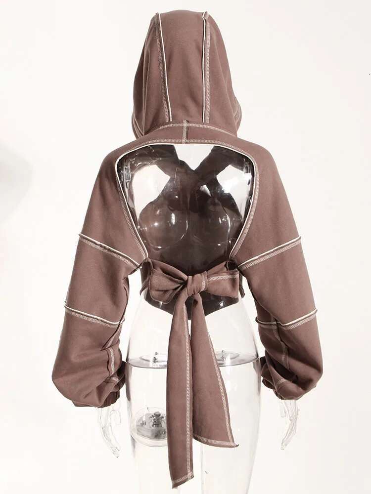 DEAT Fashion Women's Hoodies Contrast Color Open e Hooded Cut Out Backless Bandage Sweatshirt Autumn 2025 New 1DF1820