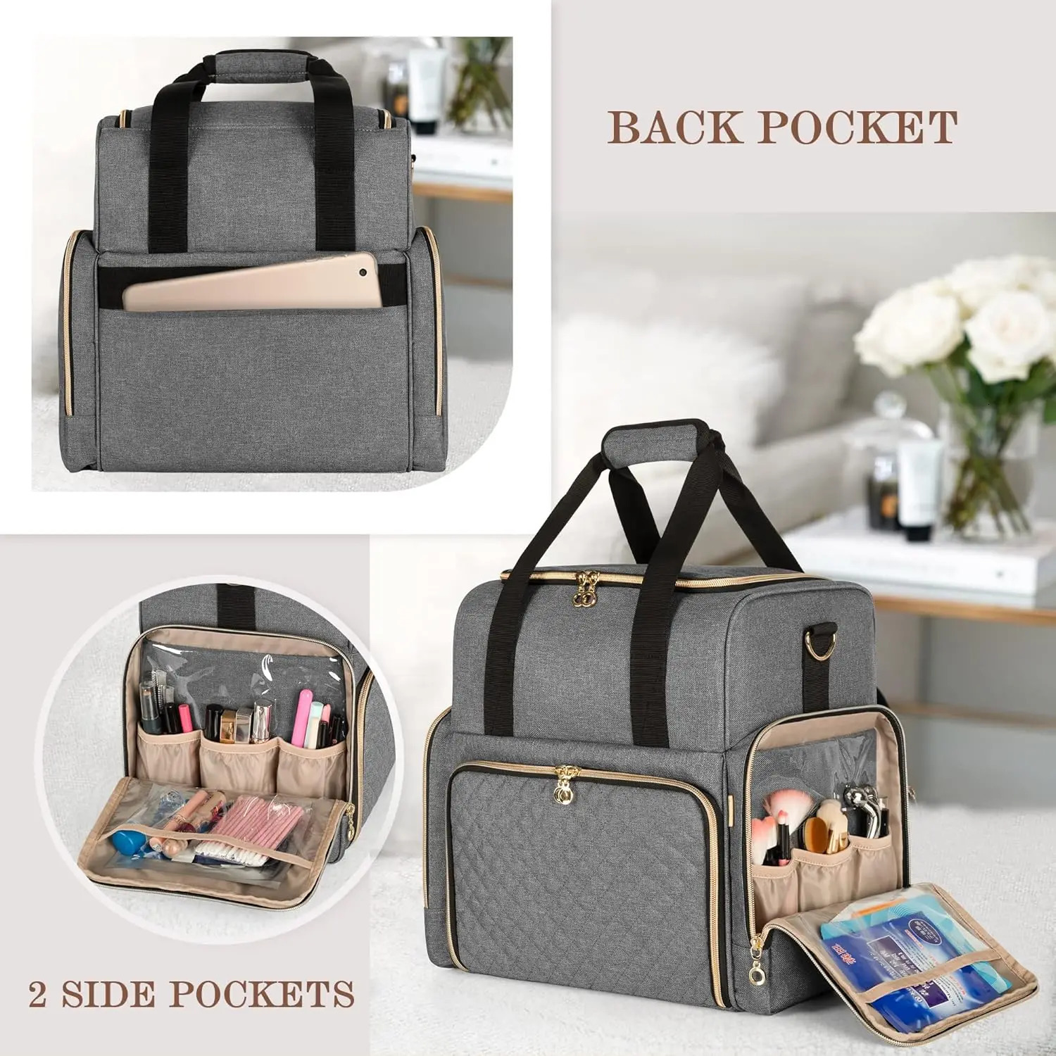 Ship from US Large Travel Makeup Bag with 3 Removable Cases Cosmetic Detachable Dividers Patent Pending Gray 250227FBB
