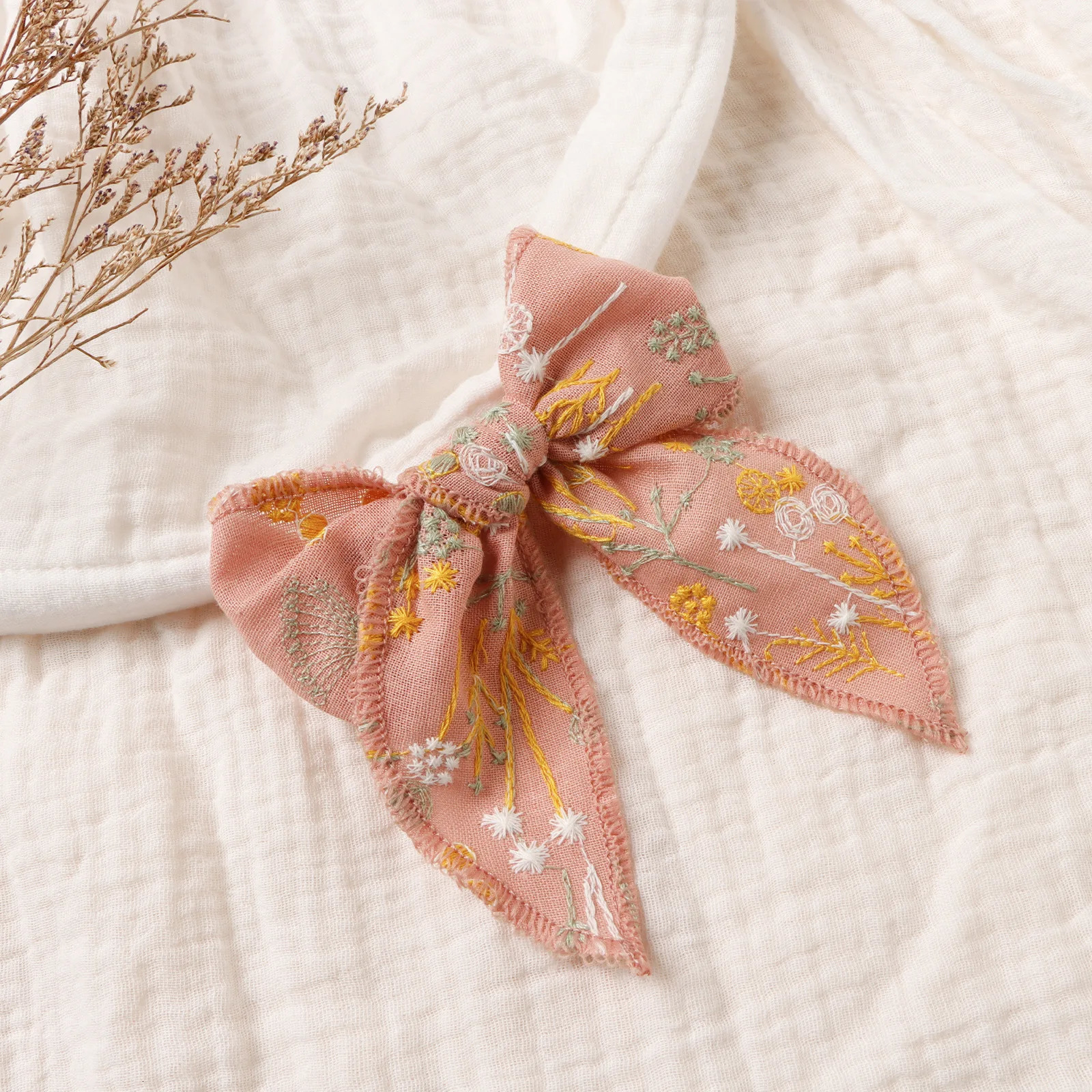 12Pcs/Lot 4Inch Floral Embroidered Baby Girls Hair Bow Hair Clips Handmade Fable Bow Headband Toddler Hair Accessory 250227