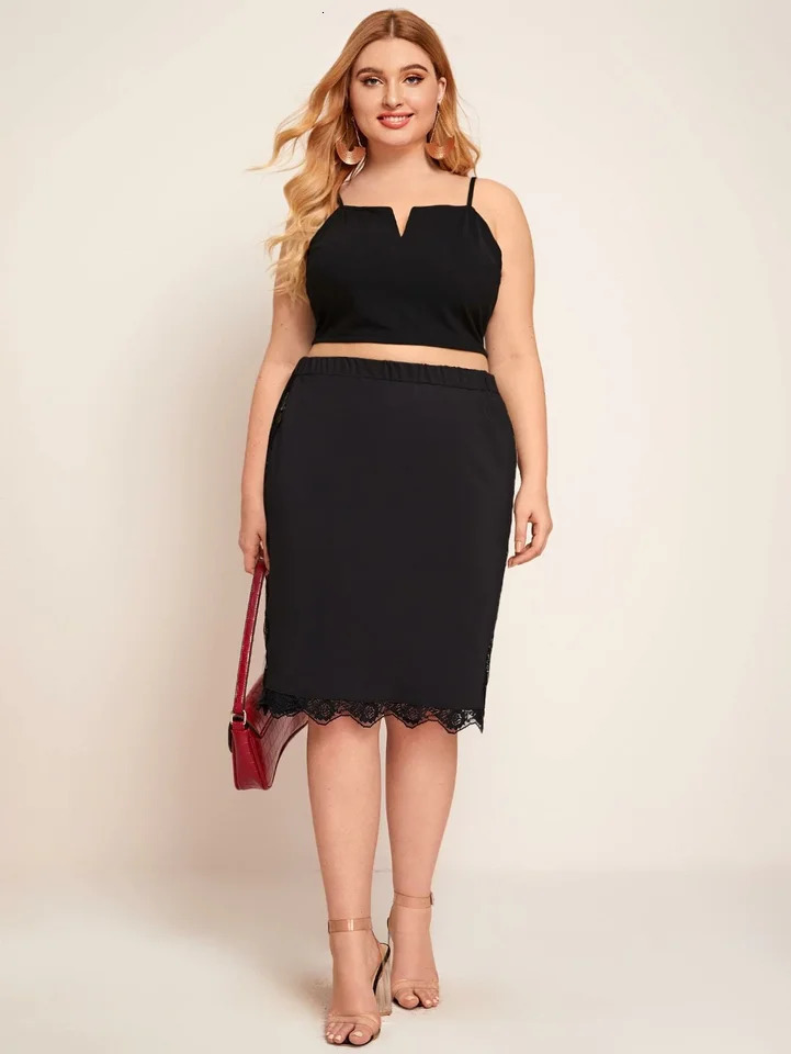 Plus Size Elegant Summer Spring Elastic Waist Midi Skirt Women Lace Patchwork Pencil Skirt Female Large Size Work Office Skirt 250224
