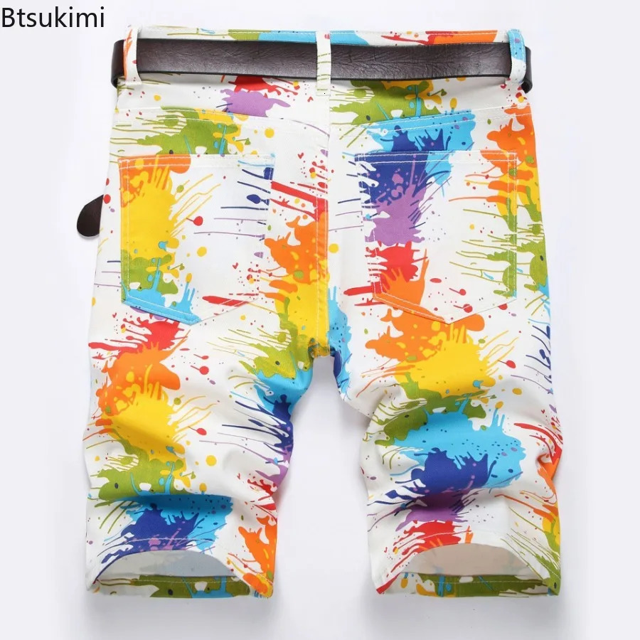 Mens Fashion 3D Print Jeans Hip Hop Streetwear Y2K Fancy Color Painted Stretch Denim Shorts Male Candy Casual 250226