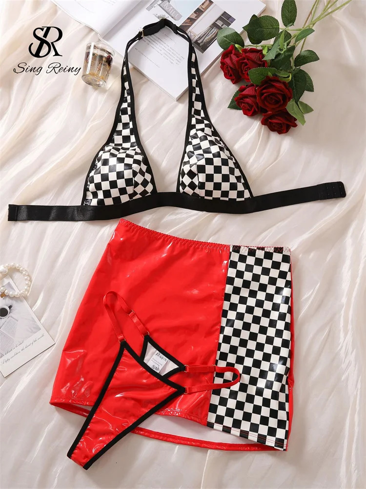 SINGREINY Plaid Leather Sexy Three Pieces Sets Halter Backless TopSlim Short SkirtThongs Hollow Out Night Club sweet Suits 250226