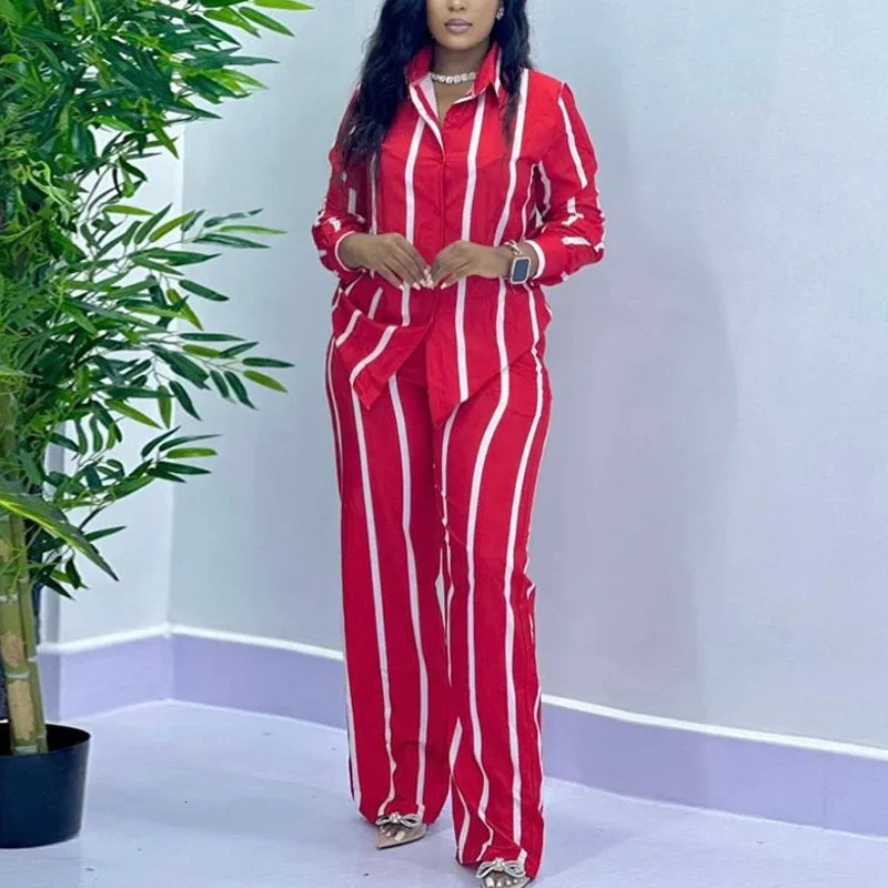 African Fashion Stripe Two Piece Set Women Spring Autumn Casual Button Long Sleeved Shirt Wide Leg Pants Two Piece Set Women 250226