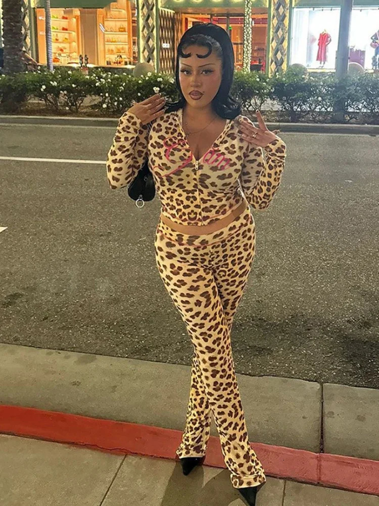 Leosoxs Leopard Letter Print 2 Piece Set Women Tracksuit Sporty Casual Hooded Crop Jacket Flare Pants Stretch Matching Suits 250226