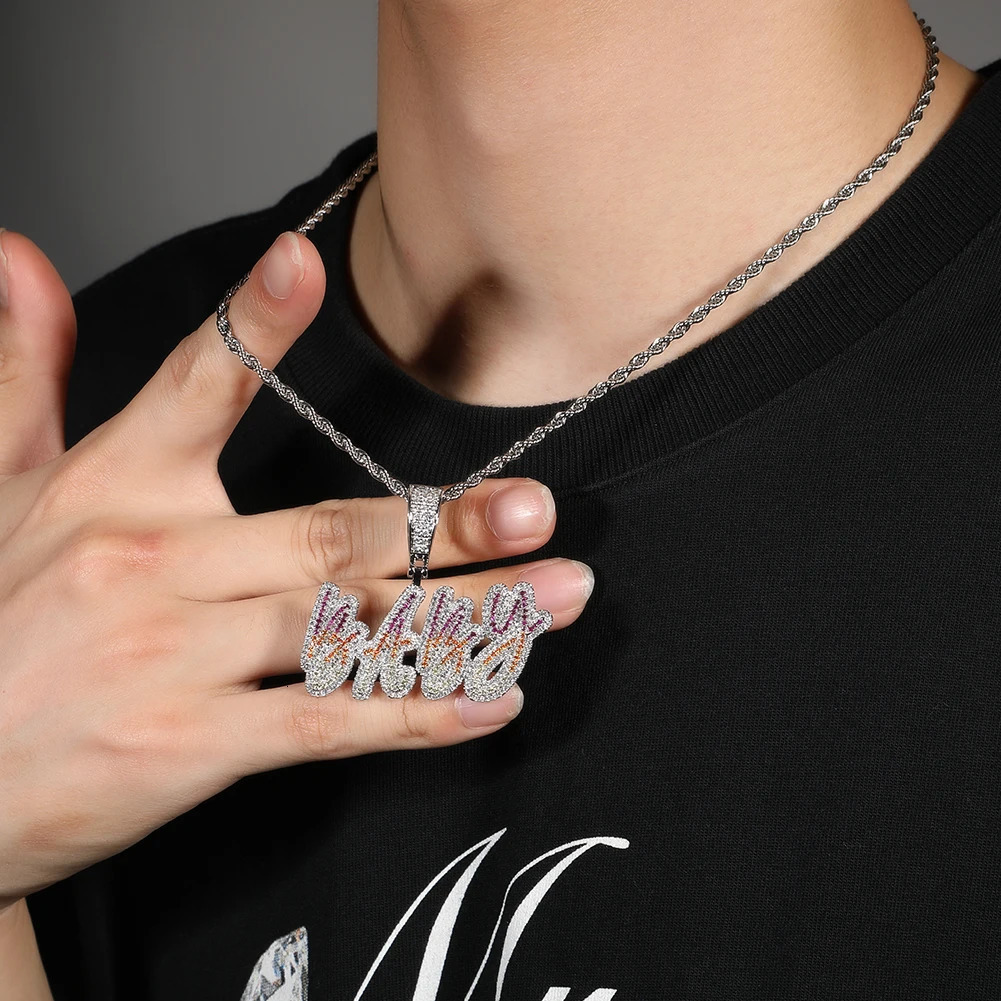 UWIN Custom Cursive Writing Name Pendant Necklace Full Iced Colorful CZ Stones Personalized Fashion Hip Hop Jewelry for Gift 250227