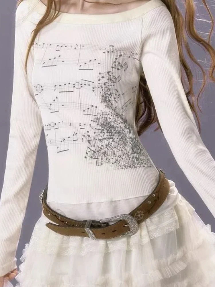 Y2k Aesthetic Tshirts Women Korean Cotton Slim Fit All Match Tees Grunge Print Lace Patch T Shirt Long Sleeve Crop Tops 250226