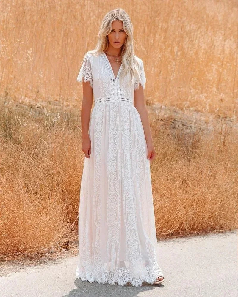 Happie Queens Fashion Women Deep V-neck Lace Hollow Out Bohemian Maxi Dress Vintage Lady White Boho Dresses 250222