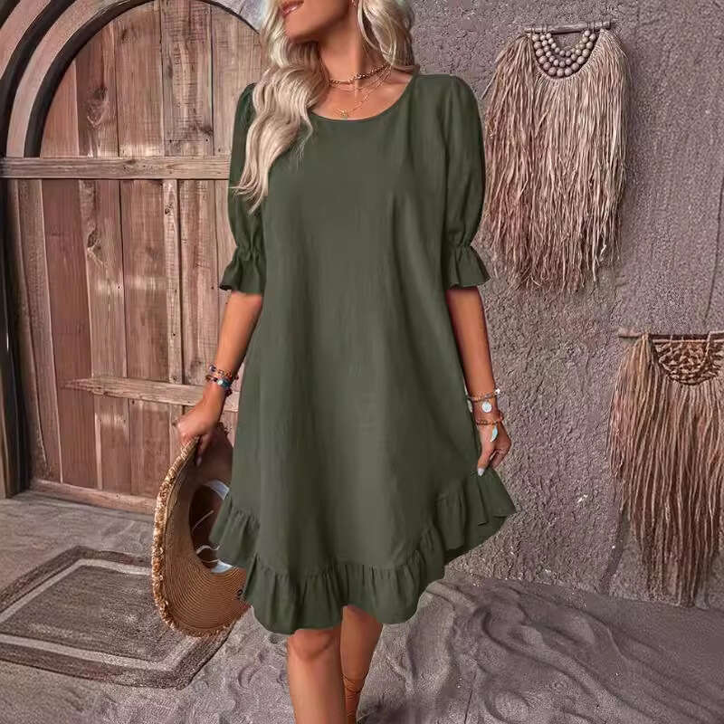Spri/Summer European American Women's Retro Cotton Hemp Mid Sleeve Round Neck Solid Color Loose Large Swi Dress 2025 New Casual and Versatile Fas