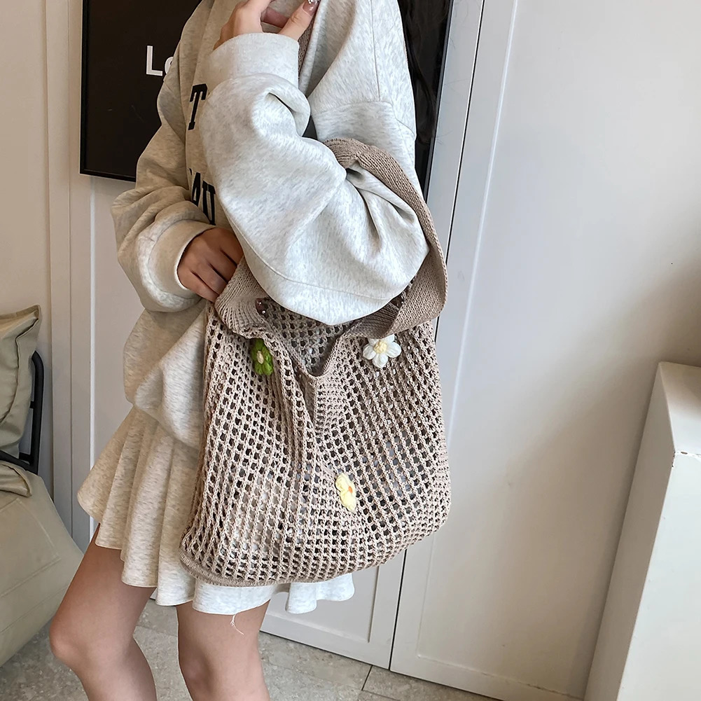 Ship from US Women Knitted Tote Bag Crochet Shoulder with Flower Decor Hollow Out Handbag Casual Beach Outdoor Travel 250227FBB