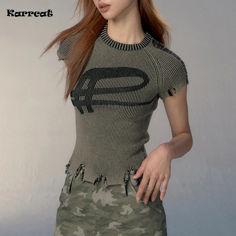 Karrcat Grunge Aesthetics Knitted Top Vintage Distressed Tshirt Punk Broken Crop Harajuku Slim Ribbed Y2k Streetwear 250226