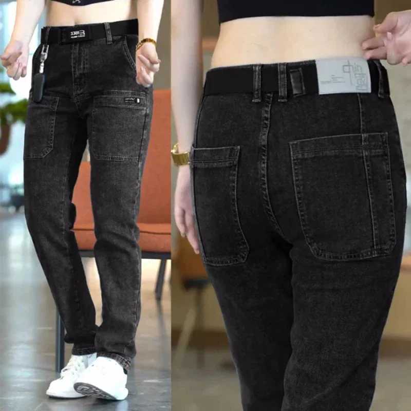 Mens cargo pants ultra-thin elastic jeans with multiple pockets fashionable streetwear designer slim mens denim Trouser brand clothing blue and black 