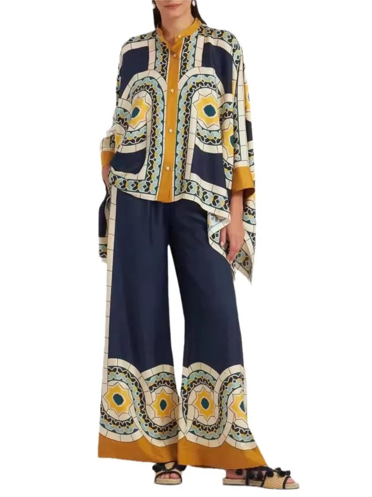 Vintage Print Pants Sets Women Irregular Loose Long Sleeve Shirt Wide Leg Trousers Two Piece Set Female Fashion Trend Streetwear 250226