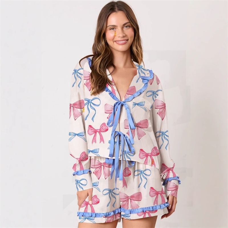 Women Tracksuits Two Pieces Set 2025 New Pleated Long Sleeved Thin Printed Valentines Day Series Pajamas Casual Set 5 Colors