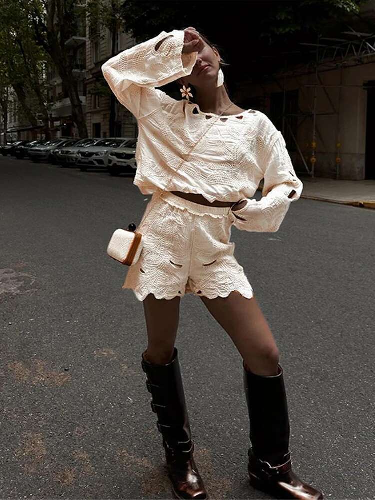 Casual Women 2 Piece Set Outfit Fashion O Neck Full Sleeve High Waist Shorts 2025 New Spring Loose Hollow Out Lady Holiday Suit