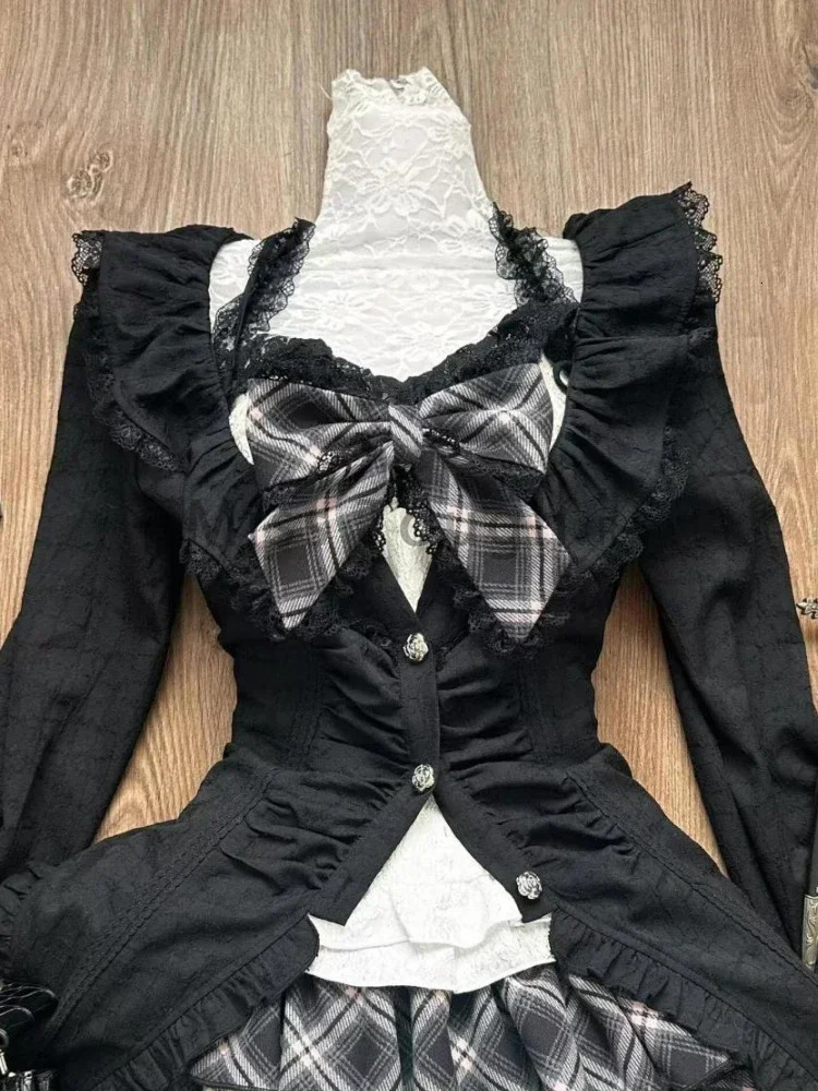 Autumn Winter Lace Skinny 3-piece Set Women Chic Slash Neck Sling Long Sleeve Cardigan High Waist Plaid Skirt Suit 250226