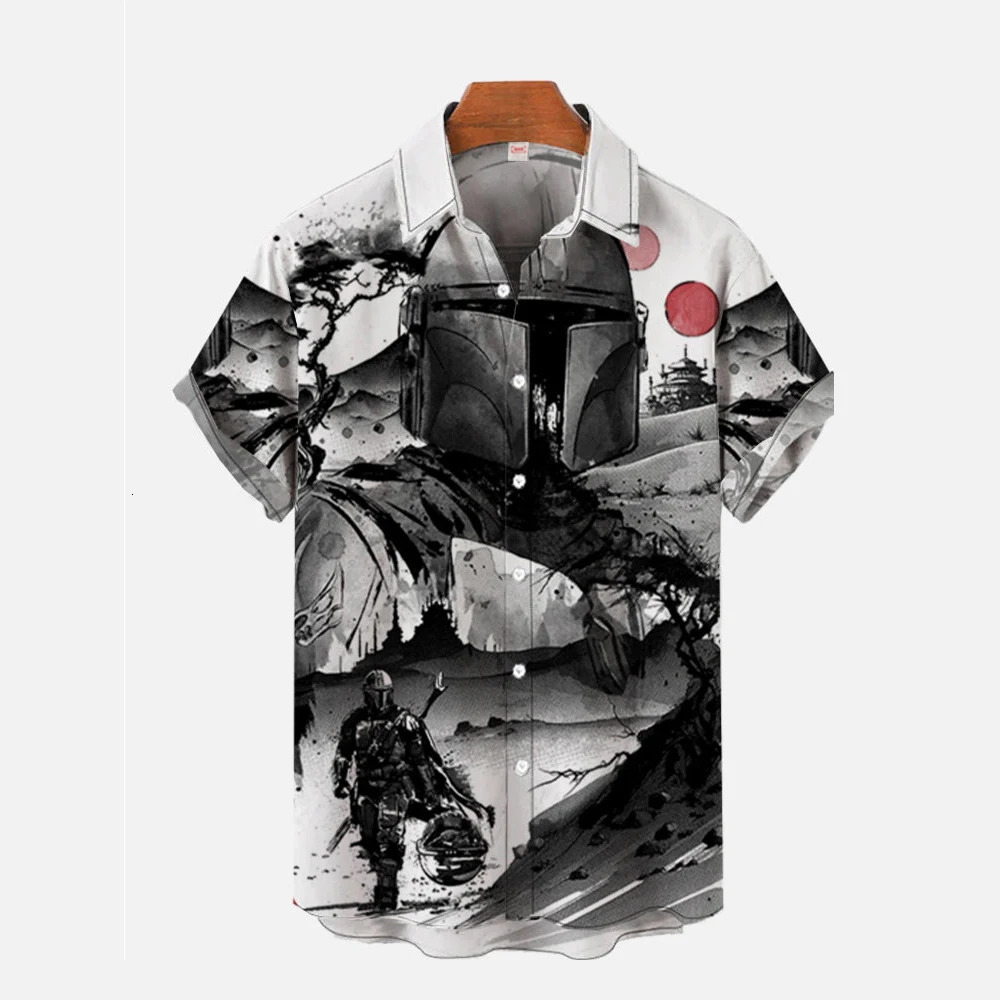 Vintage Japan Harajuku Retro Masked Samurai Mens Hawaiian Casual Shirt Men With Print Short Loose Camisas Casuais Slim Fit Y2K 250224