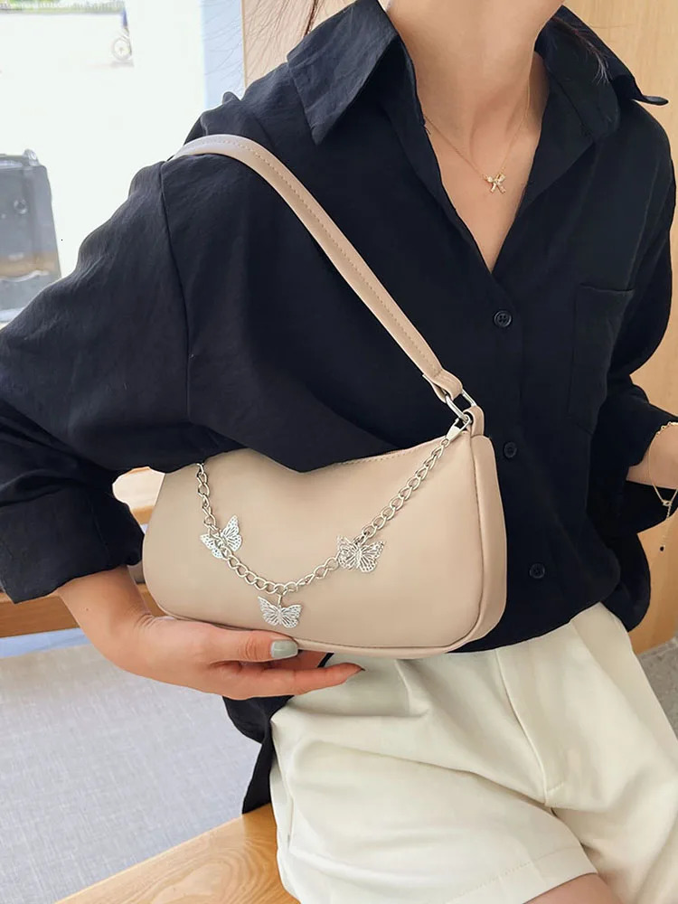 Ship from US Stylish Butterfly Chain Shoulder Shopping Bags Women Small Pure Color Handbags Daily PU Leather Underarm 250227FBB