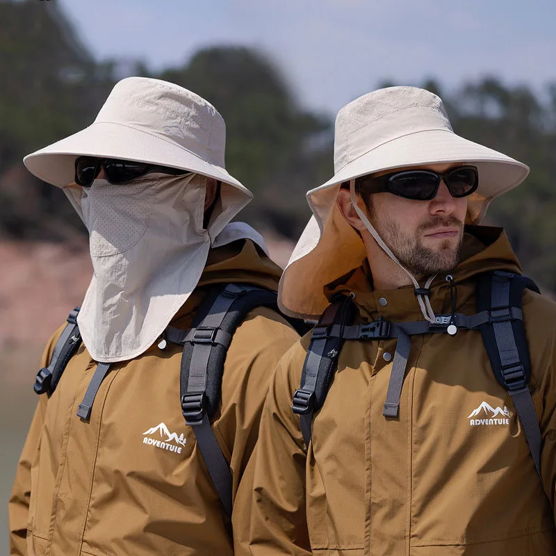 Outdoor Fishing Mountaineering Fisherman Hat Summer Men Face Mask Sunblock Large Brim Shawl Visor Bucket Hats Camping Hiking Cap 250218