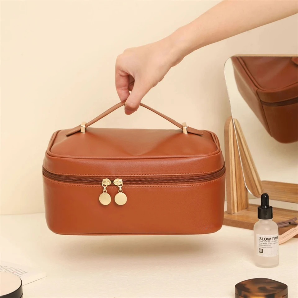 Ship from US Large Capacity Simple Square PU Leather Makeup Organizer Portable Womens Bathroom Bag 250227FBB