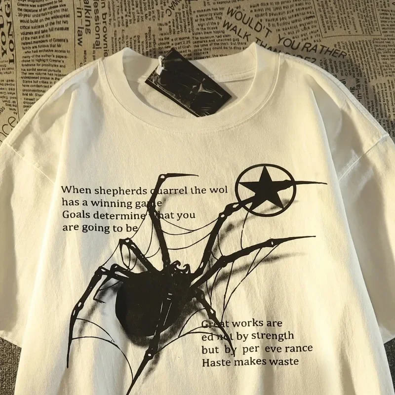 Y2K Korean Streetwear Spider Graphic Acubi Harajuku E Short Sleeve T-Shirts Grunge Aesthetic Oversized Tops Alt Clothing 250227