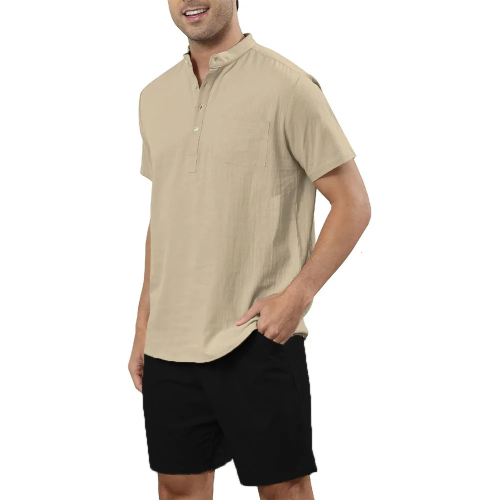 2Pcs Sets Mens Cotton Linen Set Henley Shirts Shorts Outfits Beach T-shirt Vacation Matching Suit Summer Wear Short Sleeve 250222