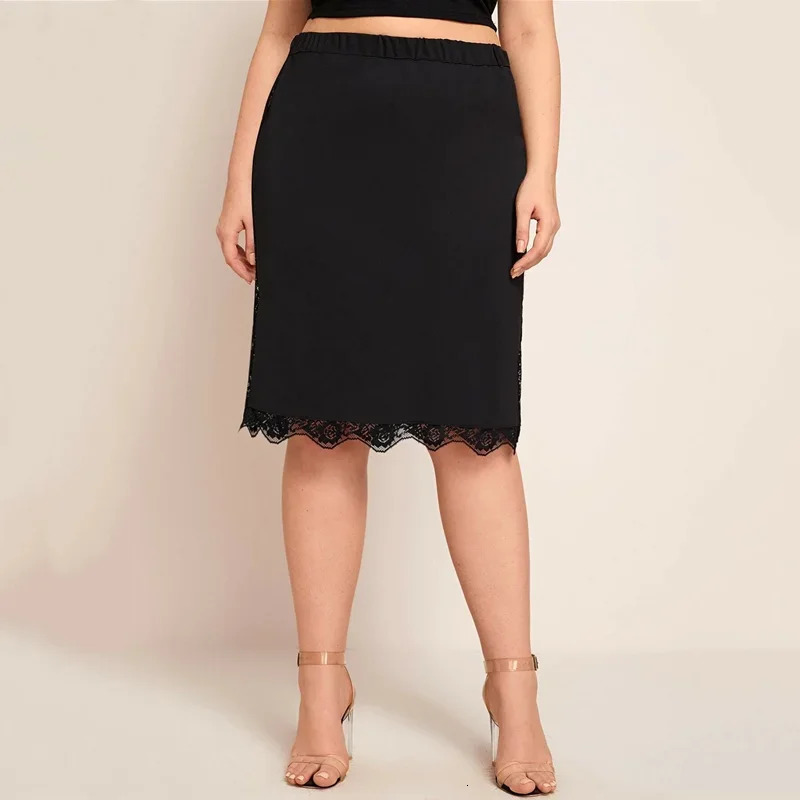 Plus Size Elastic Waist Sexy Summer Elegant Bodycon Skirt Women Lace Trim Black Business Casual Midi Skirt Work Office Skirt 6XL 250224