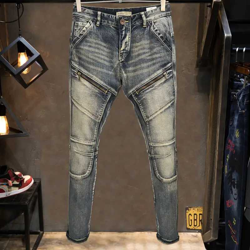 High Quality Fashion 2022 Worn Wash Splicing Zipper Decoration Multi Bag Elastic Motorcycle Biker Jeans Cargo Retro Pants Men X250227