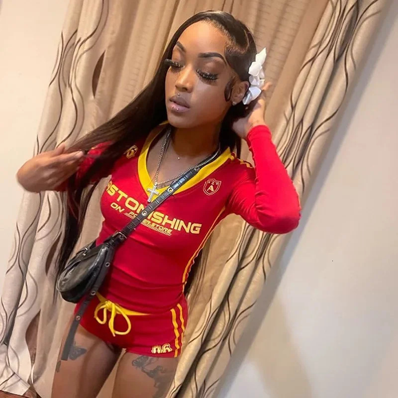 ANJAMANOR Sport 2 Piece Sets Women Outfit Letter Print V Neck Long Sleeve Top and Shorts Set Women Baddies Outfit D78-DZ25 250226
