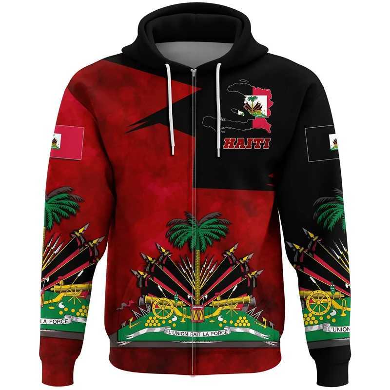 New Fashion Sports Haitian Flag Pattern Zip Up Hoodies Caribbean Sea Haiti Emblem 3D Print Long SLeeve Pullovers X250227