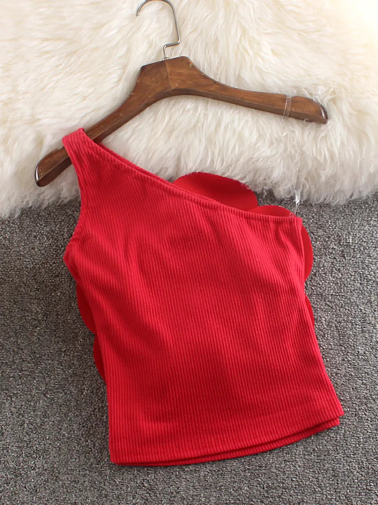 XFPV Womens Sweet 3D Flower Oblique Collar One Shoulder Camisole Slim Open Back Top Y2k Korean Fashion Summer 2025 SM11024 250226