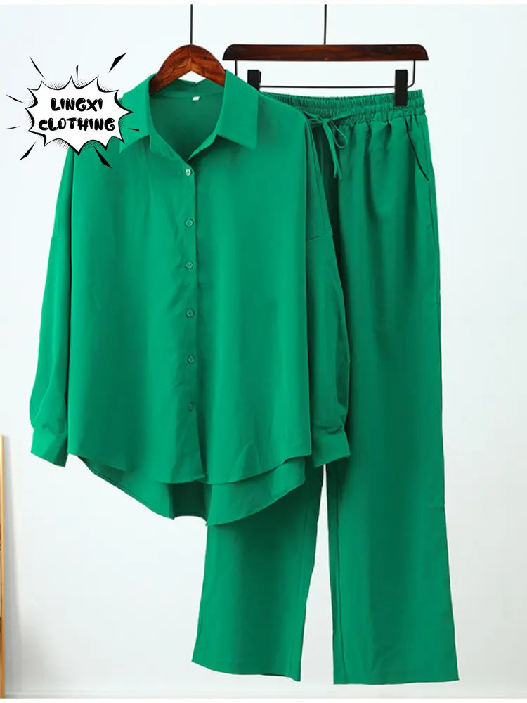Summer Outfits for Women Fashion Loose Elastic Wrinkle Long Sleeve Shirt Wide Leg Pants Casual Set 2 Piece 250226