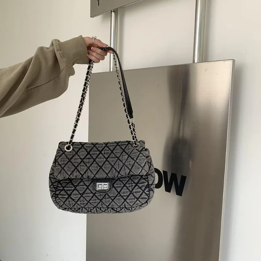 Ship from US Womens Grey Casual Diamond Checker Denim Retro Fashion One Shoulder Handbag 250227FBB