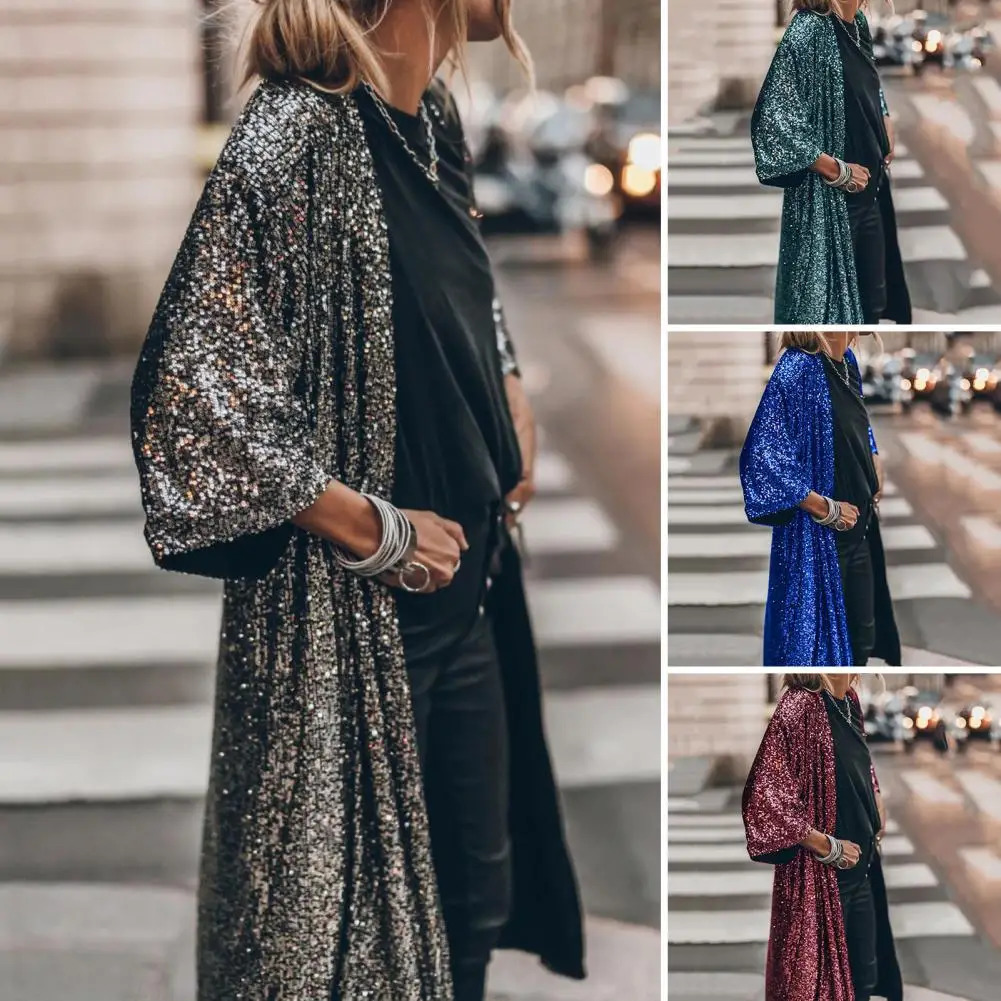 Fashionable cardigan wool sweater skin touch dress solid color womens shiny sequin medium length jacket 250227