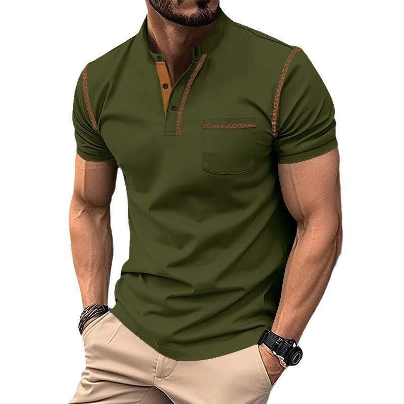 2024 Summer Short sleeved Henley Shirt Men's Round Neck Color Block T-shirt